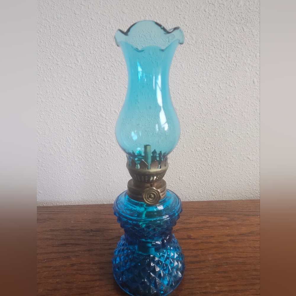 Vintage Glass Oil Lamp Blue w/Bow & Diamond Pattern and Blue Chimney
